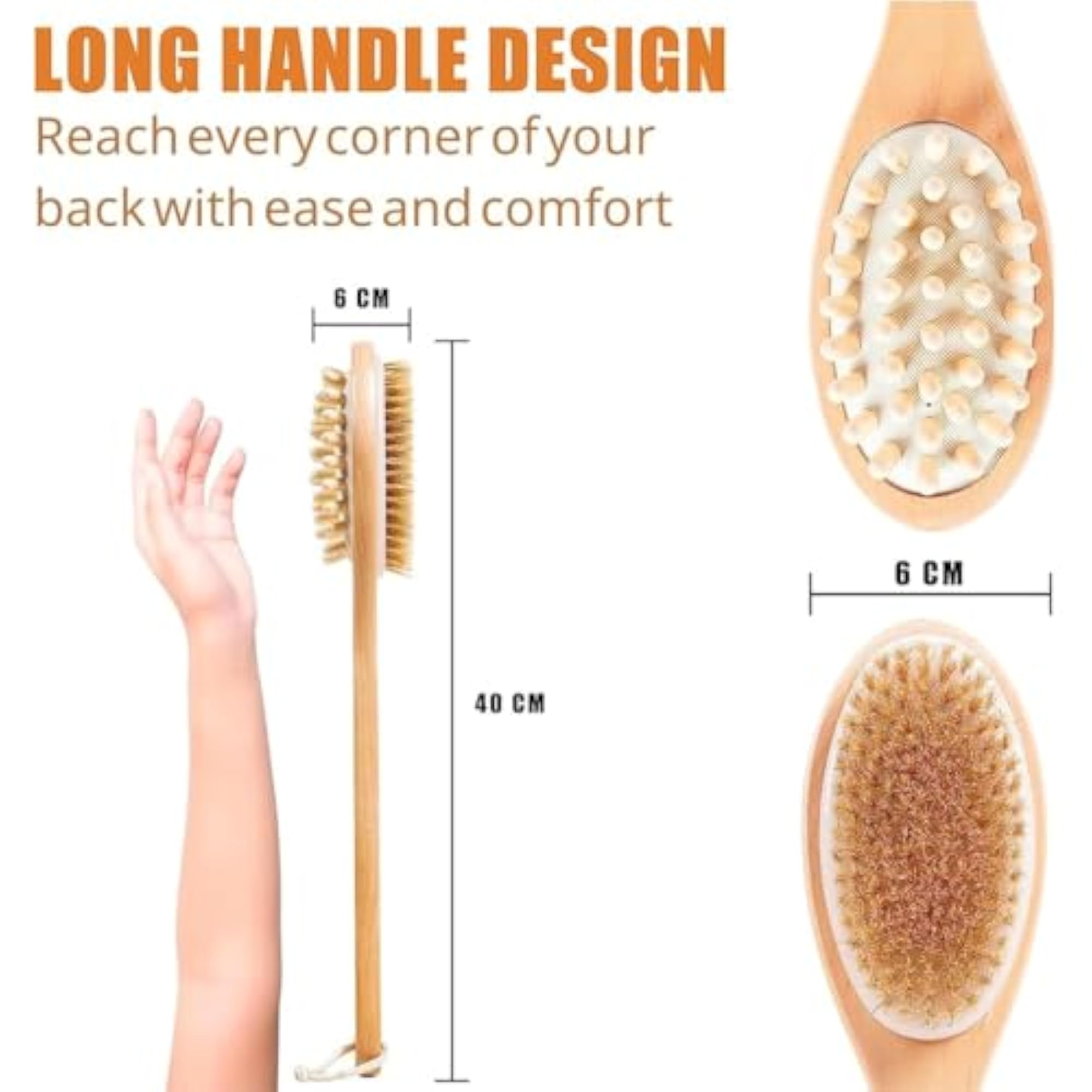 Back Scrubber with Long Wooden Handle, Dual-Sided Exfoliating Brush